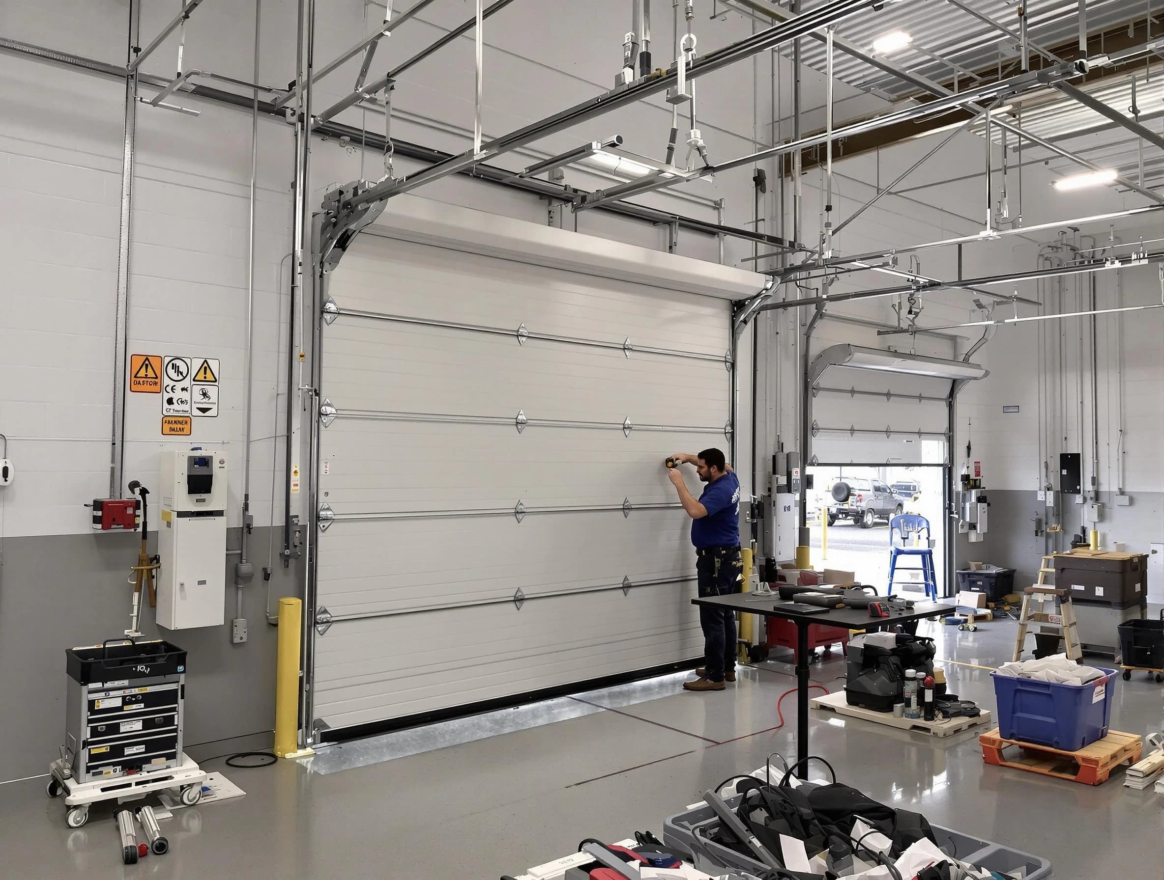 Commercial garage door repair being performed by South Weber Garage Door Repair expert in South Weber