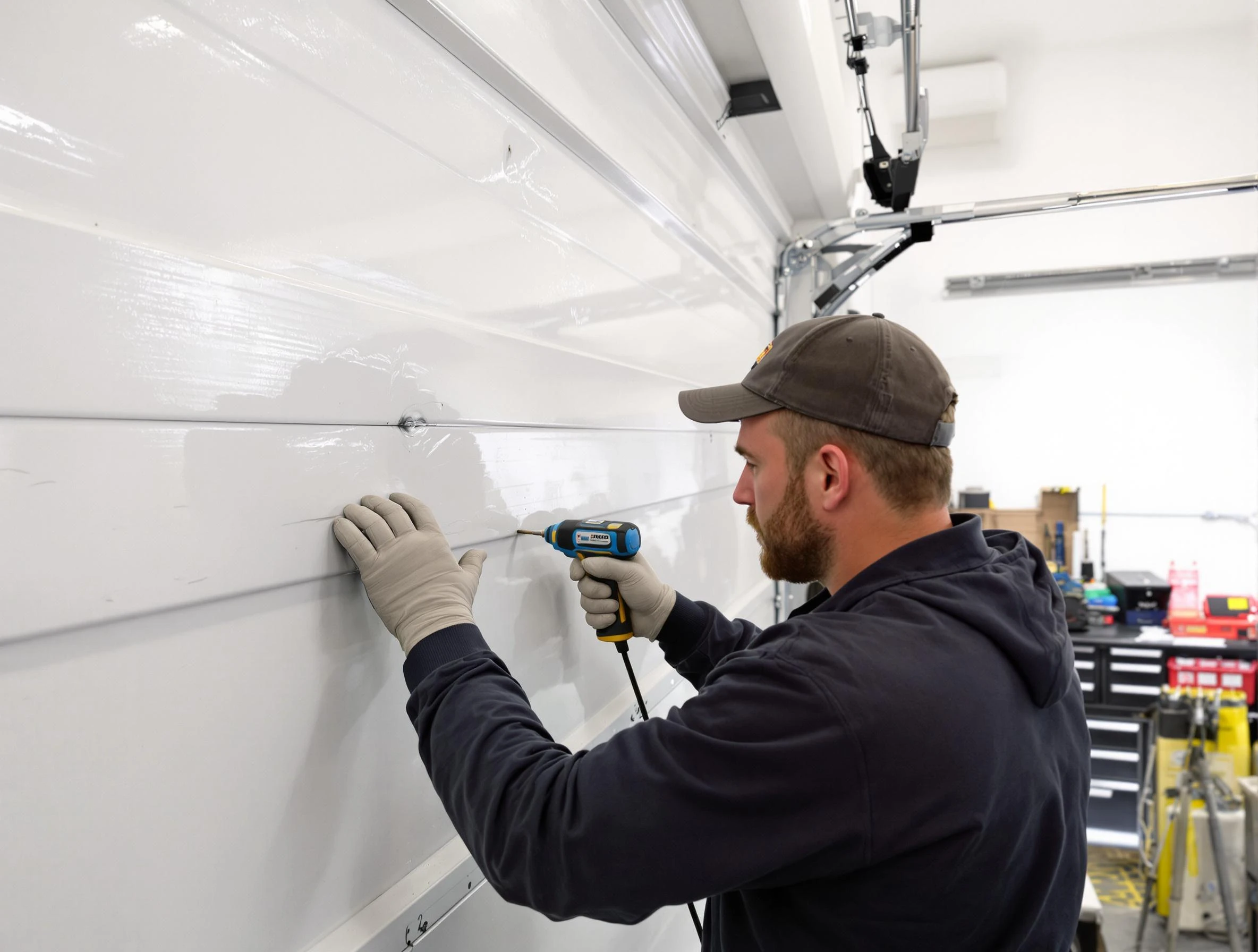 South Weber Garage Door Repair technician demonstrating precision dent removal techniques on a South Weber garage door